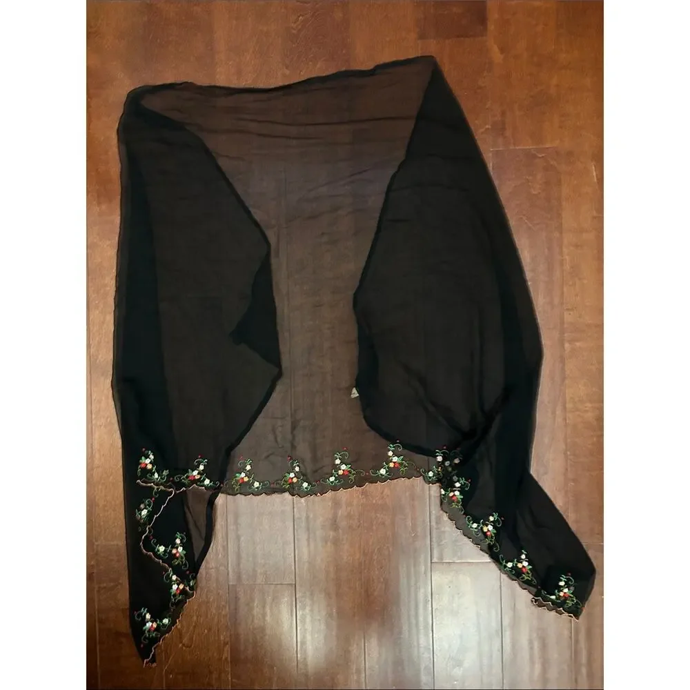 Black Sheer Scalloped Scarf with Colorful Floral Embroidery, Feminine Witchy